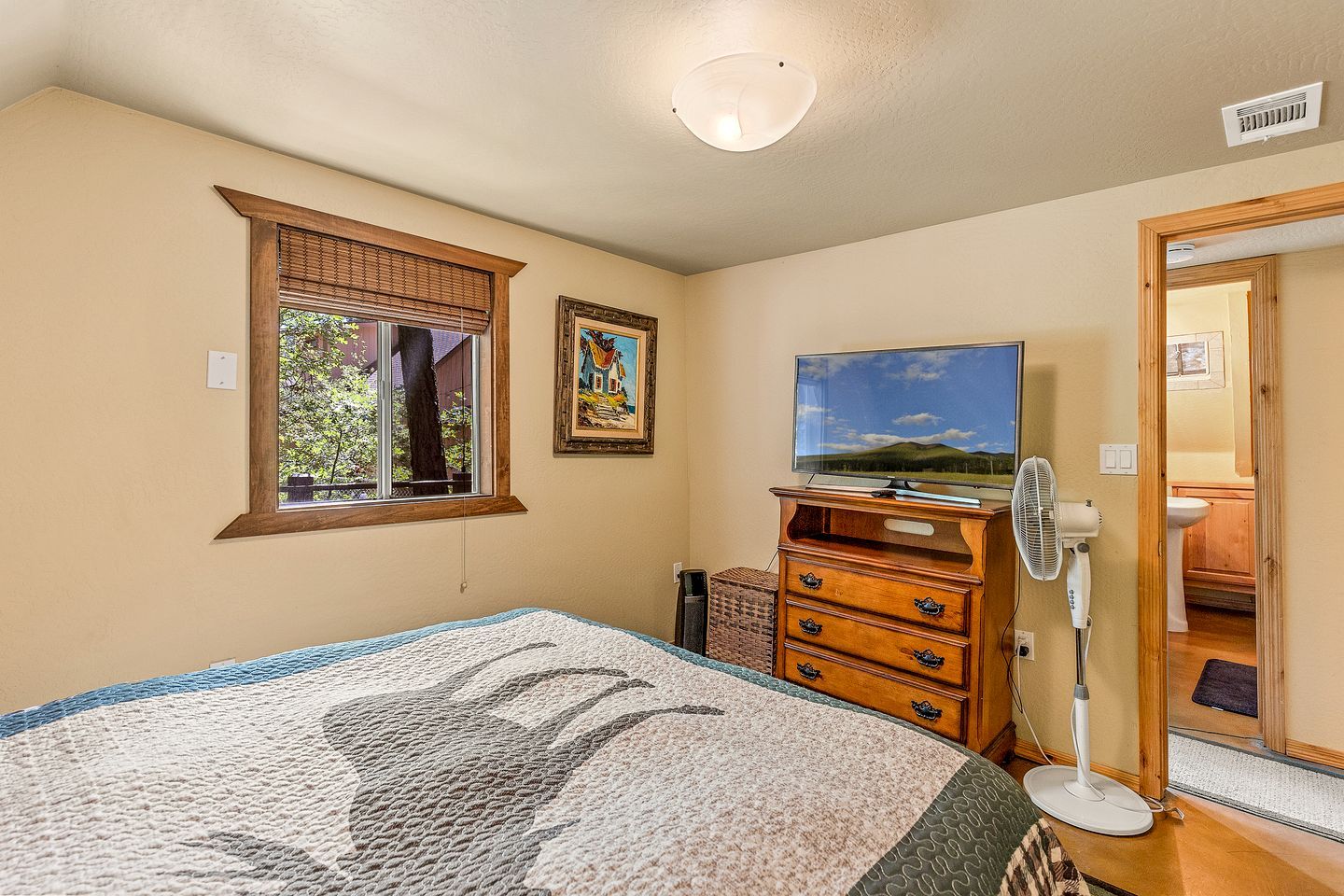 Quarto com cama, penteadeira, televisão, janela com persianas e um quadro na parede.
