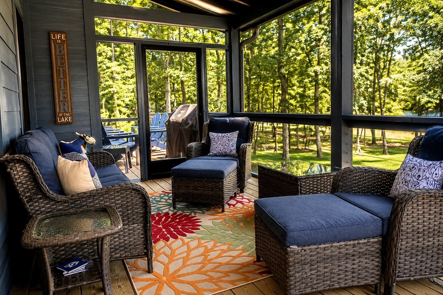 Un espace extérieur aménagé, abrité et doté de mobilier en osier, offrant une vue sur les arbres environnants.