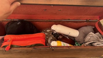 Hair dryer, towels, toilet paper