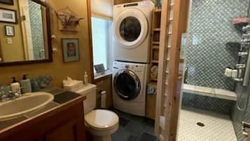 Hair dryer, towels, toilet paper