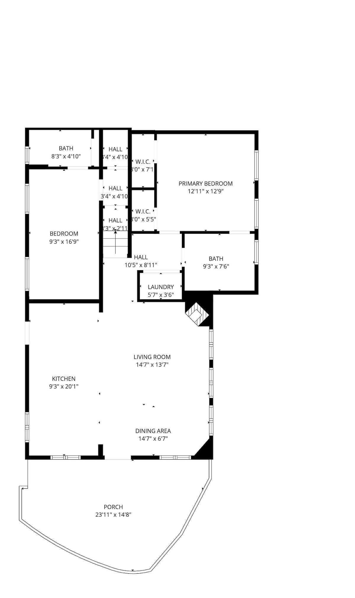 Un plan d’étage comprenant une chambre principale, une chambre d’appoint, une salle de bain, une cuisine, un coin repas, un salon, un hall d’entrée et une véranda.