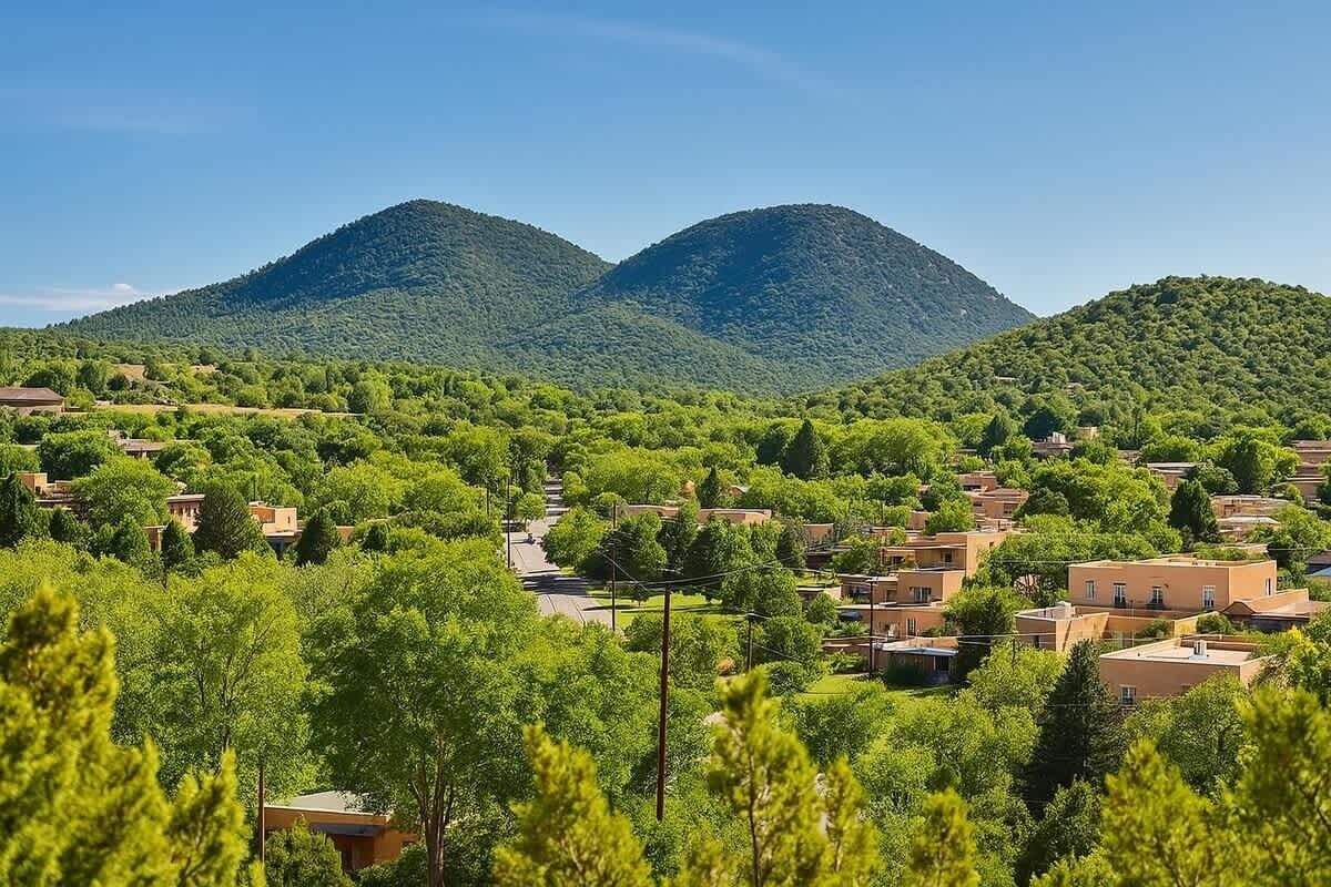 A residential area with houses, trees, and mountains in the background.