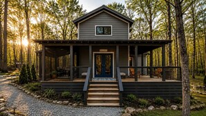 A cabin with a covered porch, a front door, and a gravel path leading to it. - Embrace Nature in this Cozy Cabin with Fire Pit in Monteagle, Tennessee (Monteagle)
