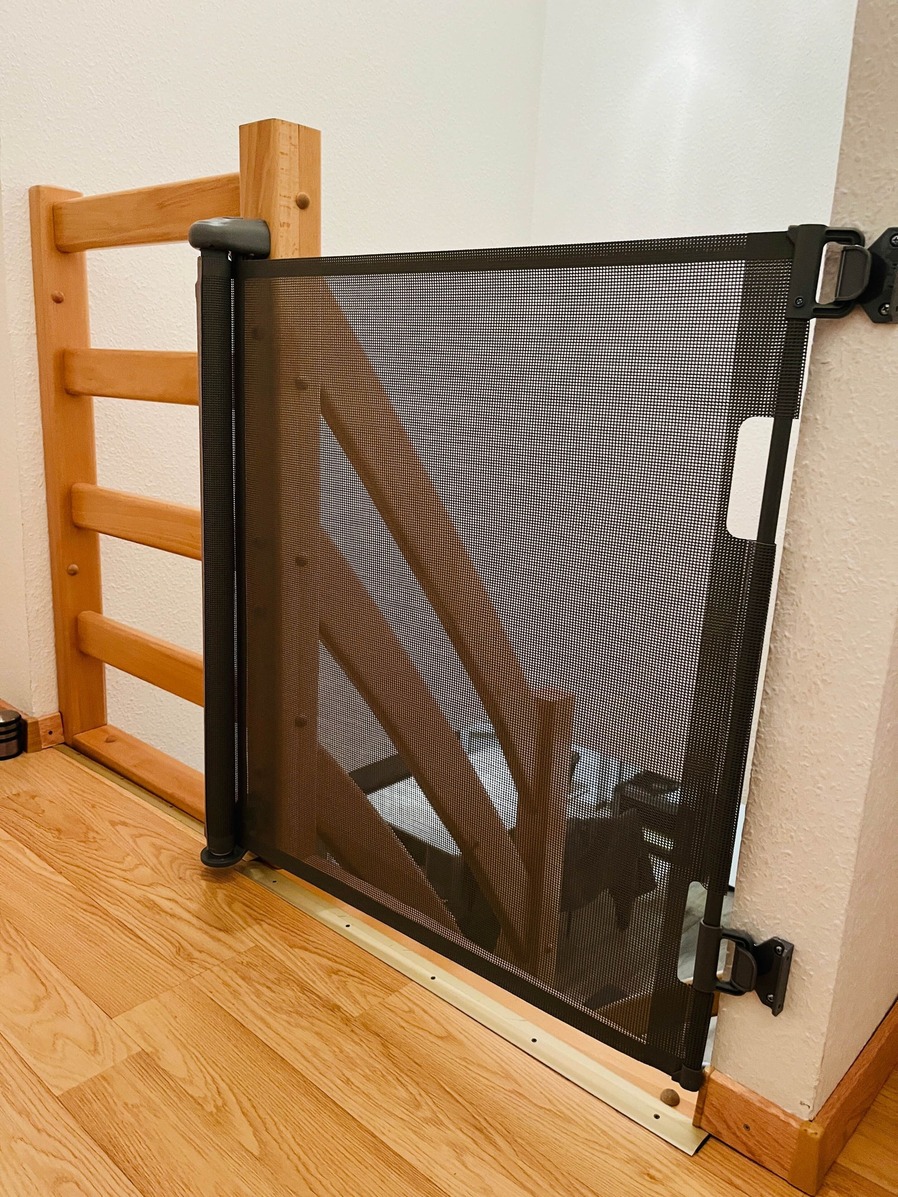 A wooden gate with a mesh screen attached to a wall.