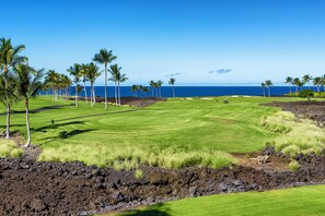 A golf course with a view of the ocean, surrounded by palm trees and volcanic rock formations. - Amazing Ocean, Golf & Sunset Views Great Location Private Bbq! - Vrkcv (Waikoloa)