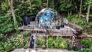A geodesic dome structure with a wooden deck and surrounding greenery.