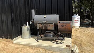 A portable grill with a gas tank and a metal container, placed on a concrete platform in front of a black metal building.