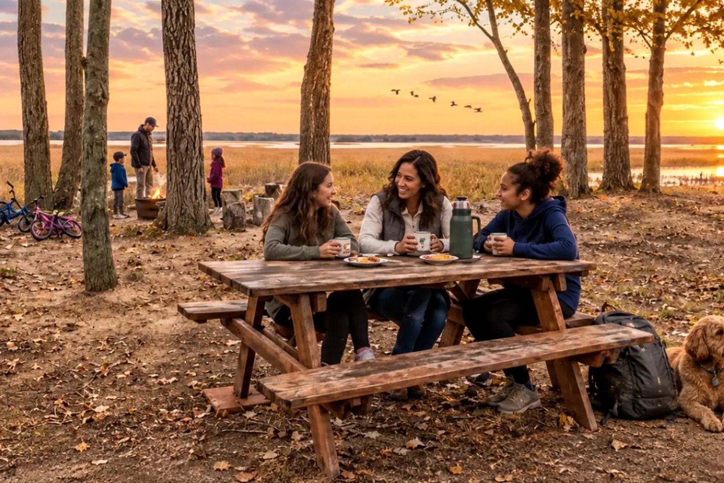 Un grup de persones assegudes a taula de picnic de fusta a l'aire lliure, amb vistes a una massa d'aigua i arbres al fons.