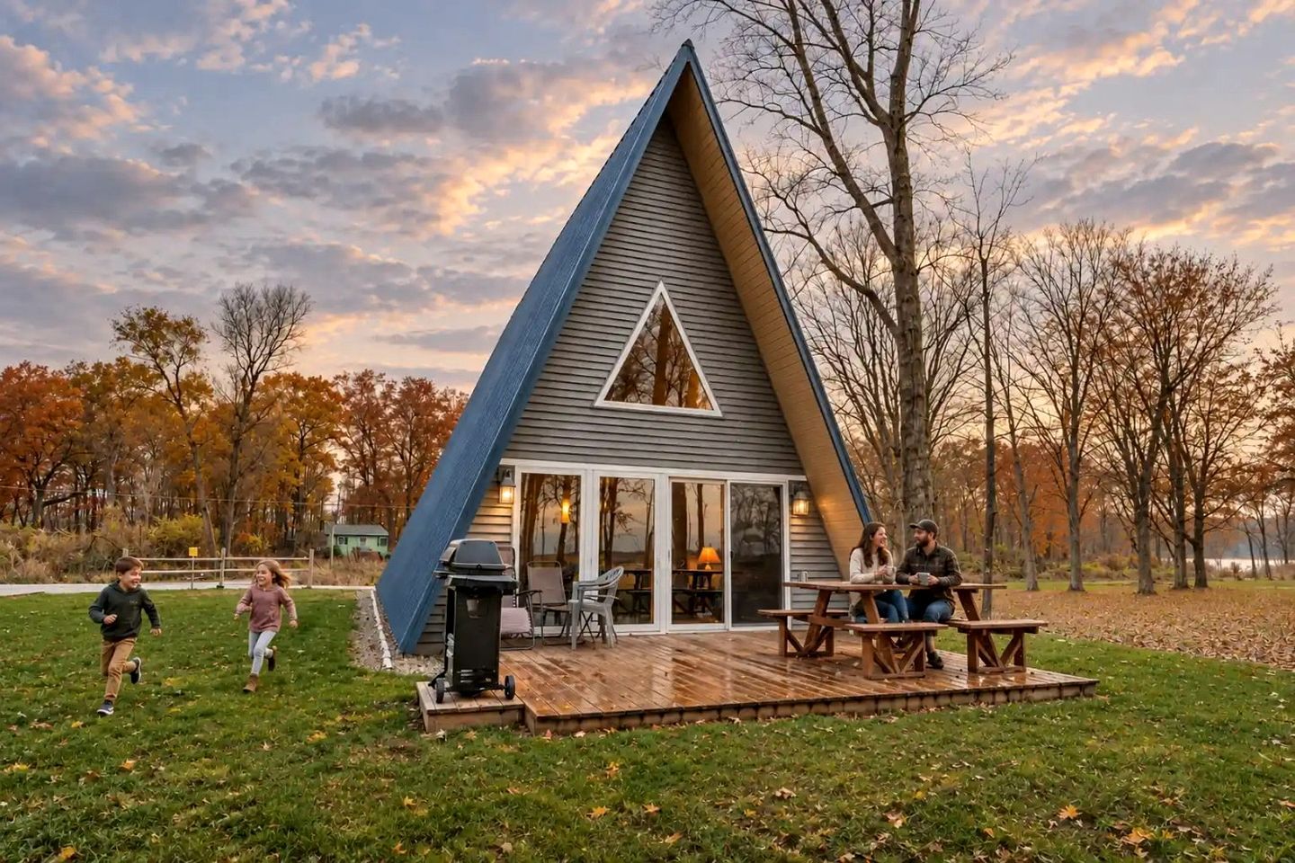 A triangular house with a deck, a grill, and a table with chairs.