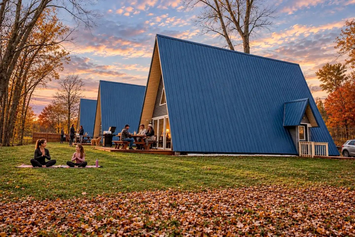 A series of A-frame cabins with a grassy yard and trees in the background.