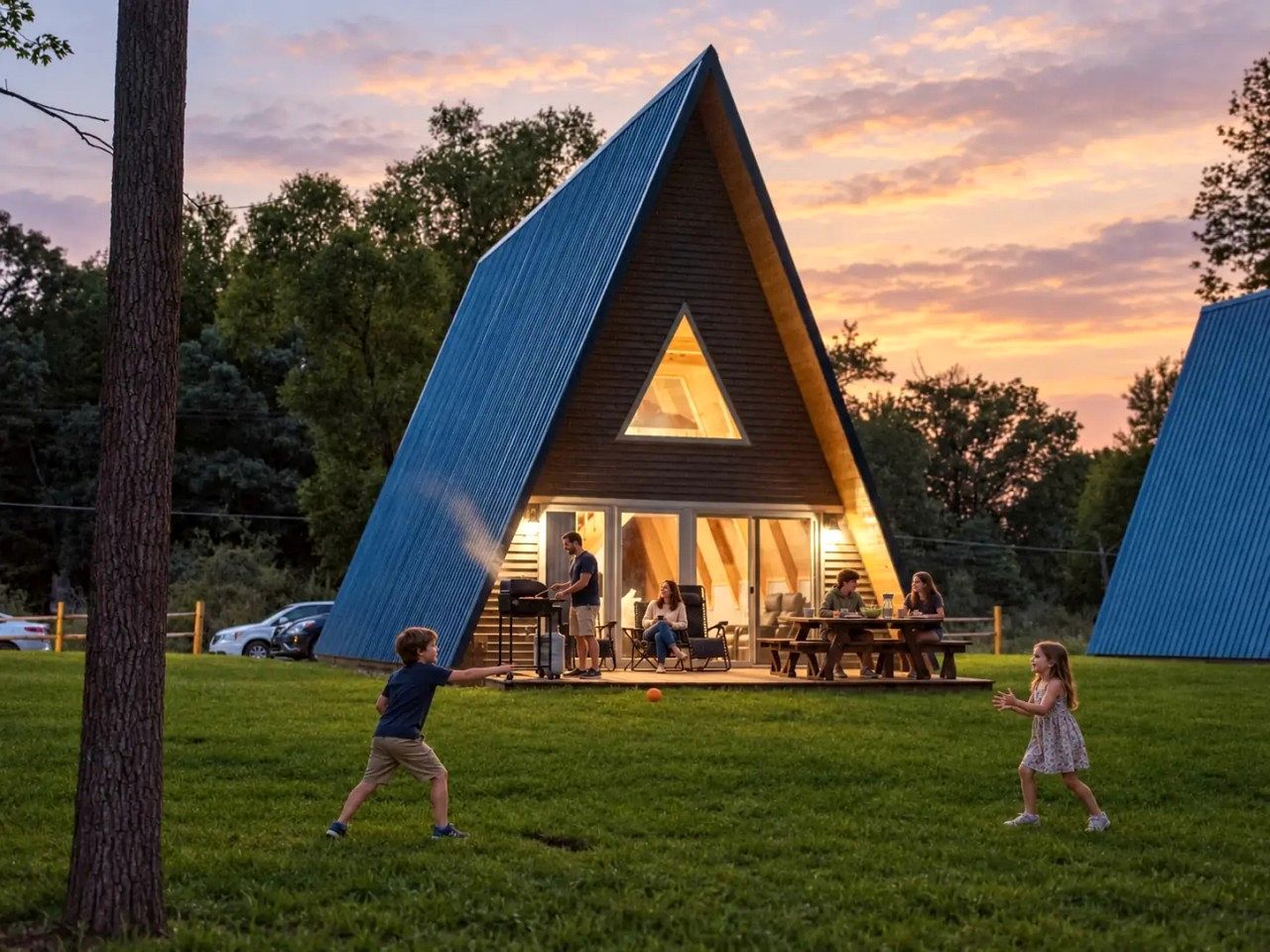 A modern, triangular-shaped building with a large glass window and a patio area.
