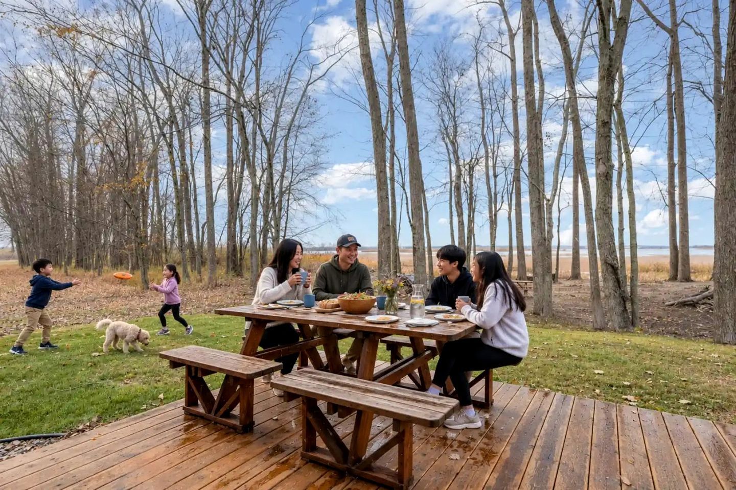 A group of people dining at an outdoor wooden table surrounded by trees.