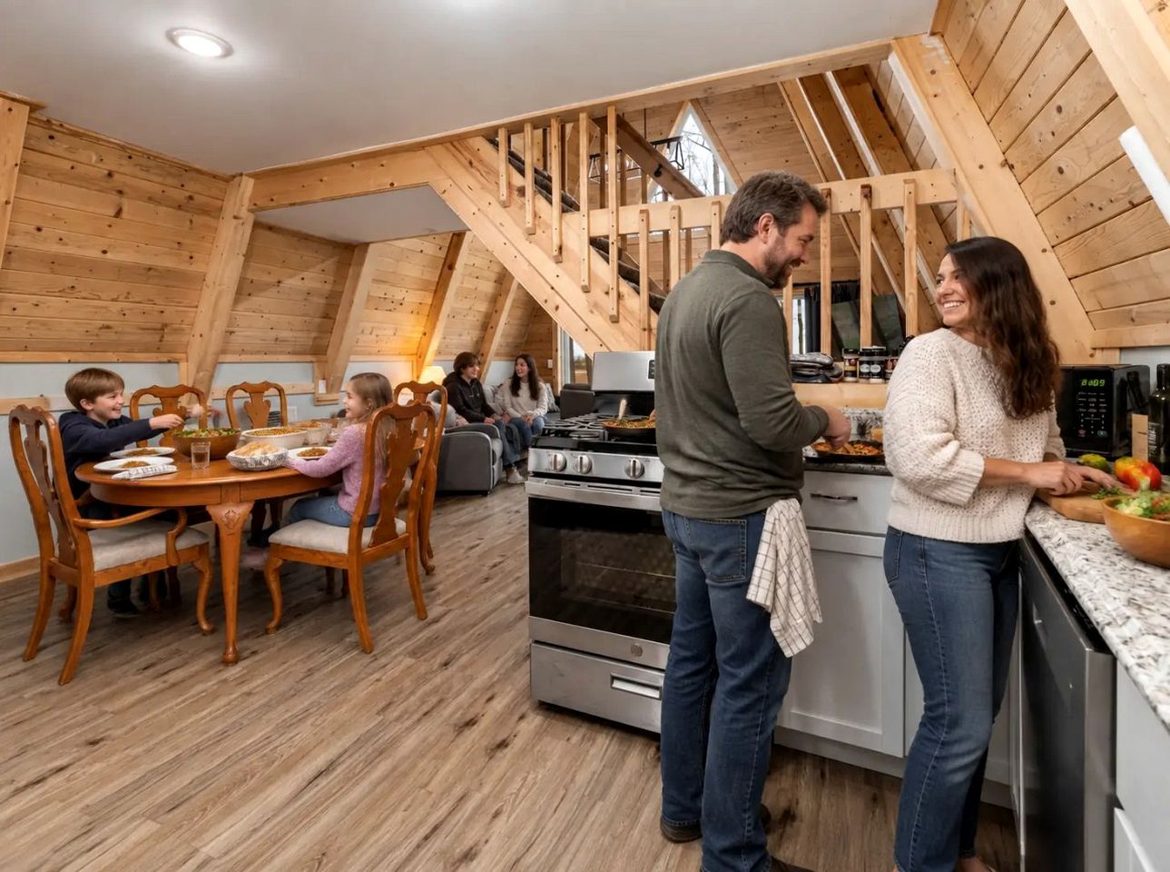 A cozy kitchen with wooden beams, a dining area with a round table, and a staircase.