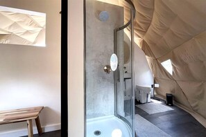 Hair dryer, towels, soap, shampoo