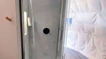 Jetted bath, hair dryer, towels, soap