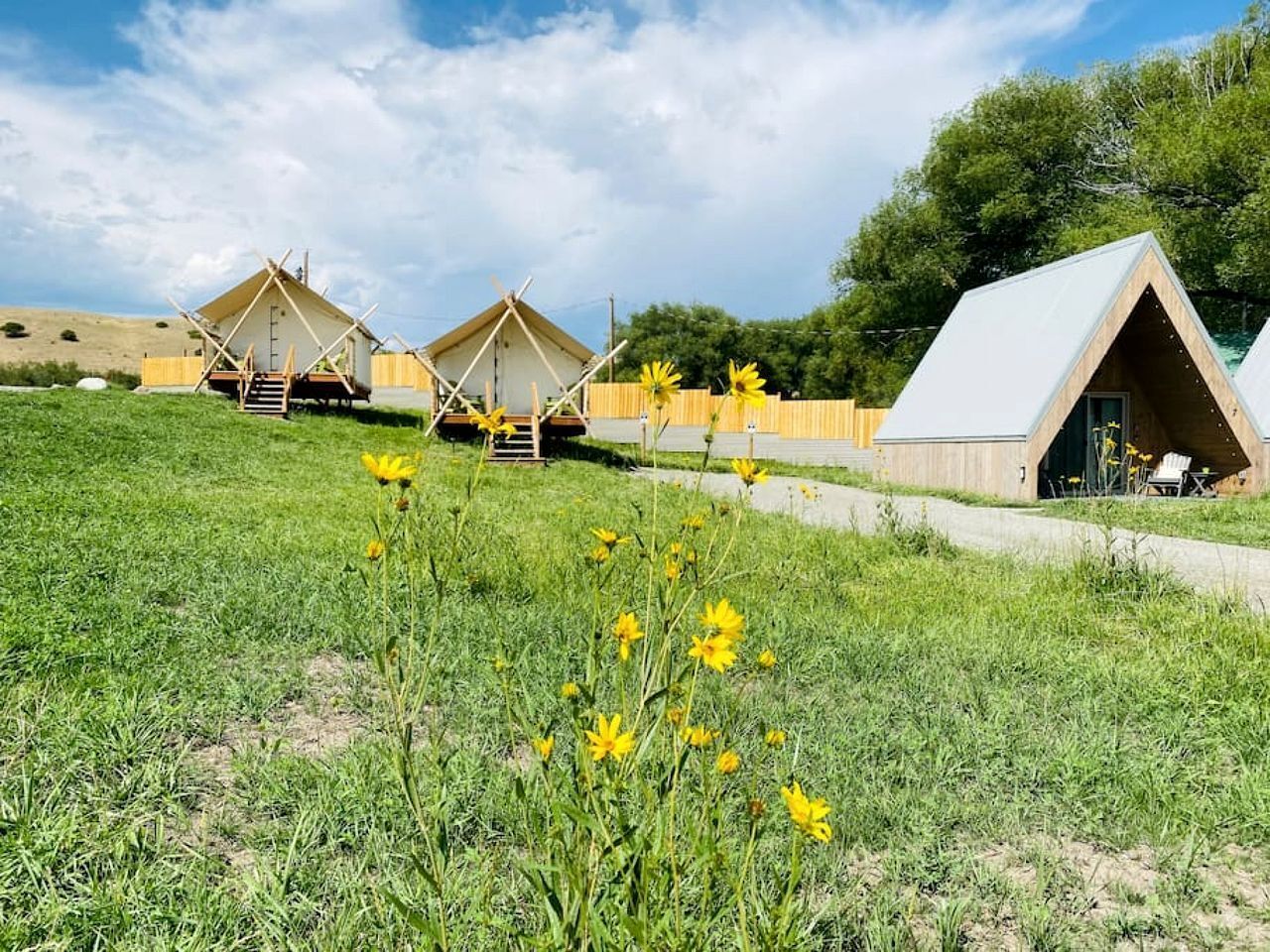 A campsite with several tents and a single cabin.