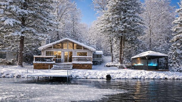 A cabin with a dock, surrounded by snow-covered trees, and a small structure with lights.