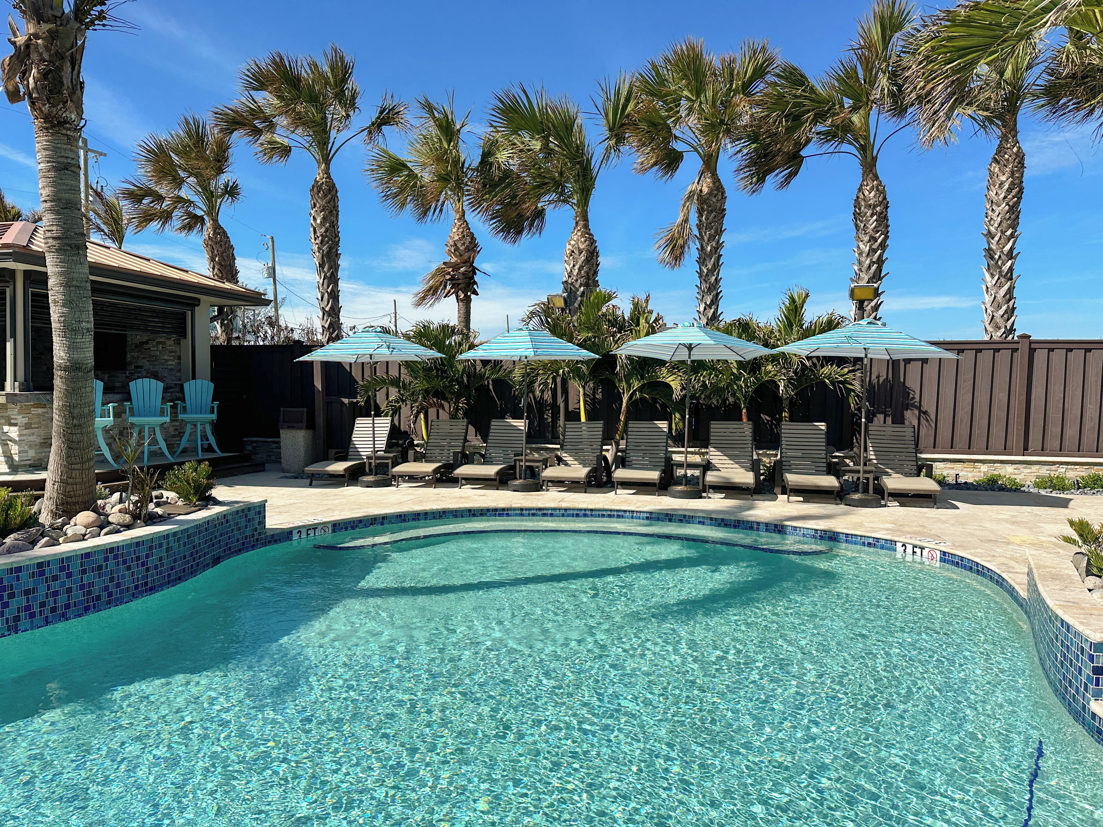 A swimming pool with lounge chairs and umbrellas, surrounded by palm trees.