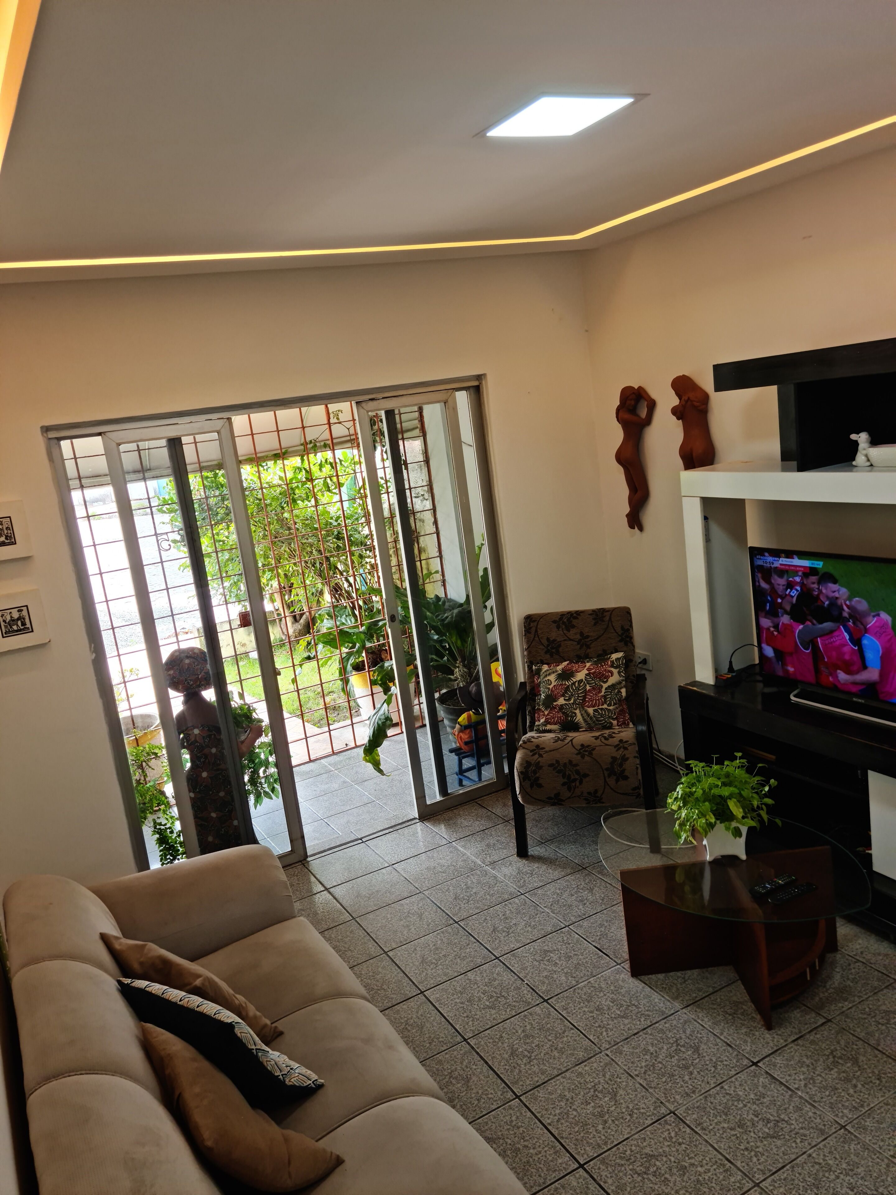 Un salon comprenant un canapé, un téléviseur, une table basse en verre et une porte-fenêtre coulissante donnant sur un jardin.