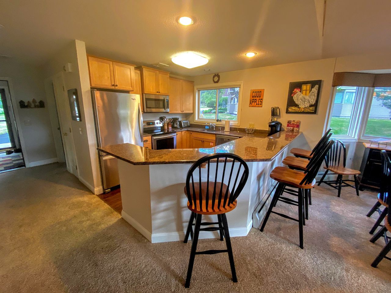 Fridge, microwave, stovetop, cookware/dishes/utensils