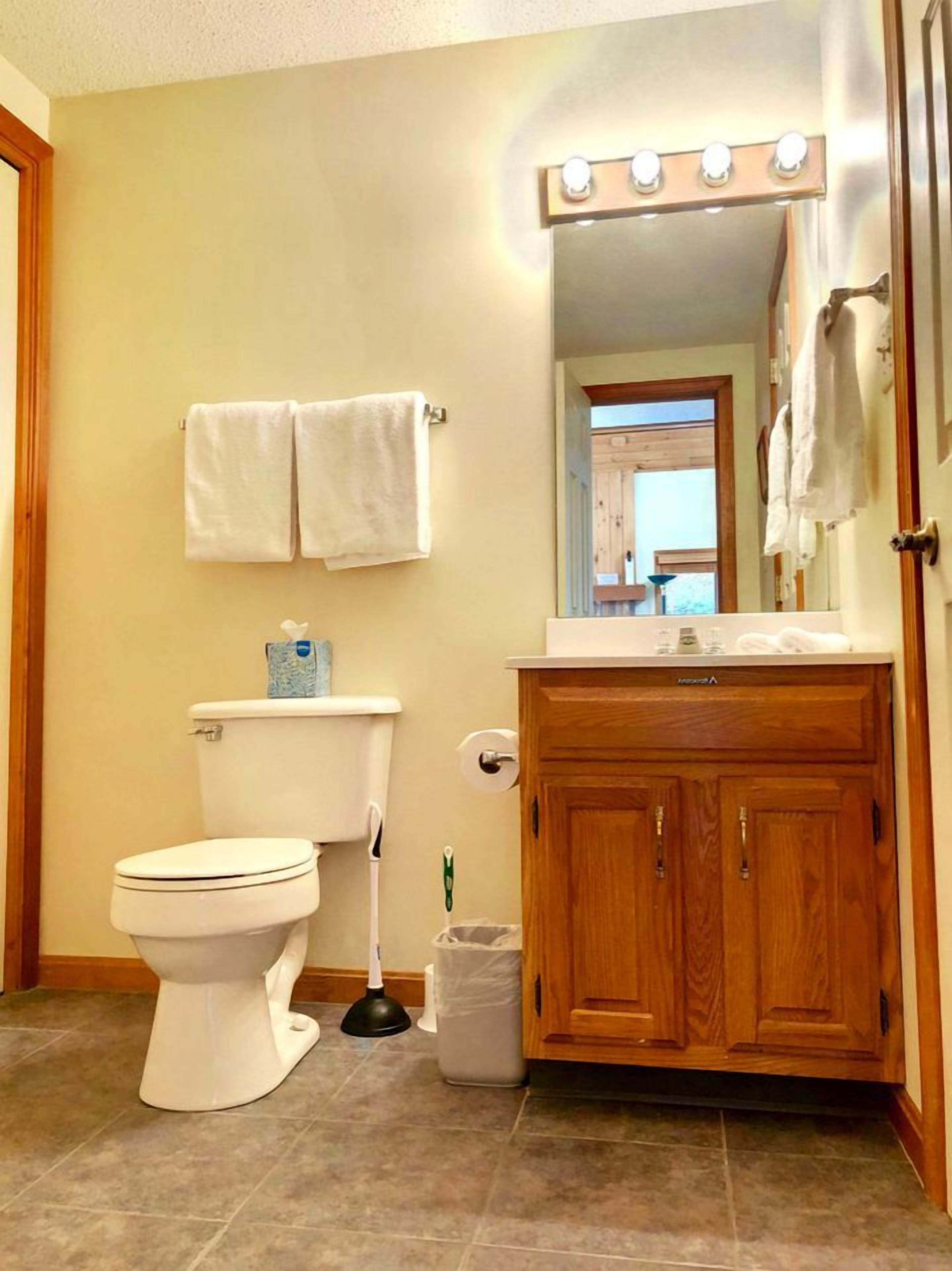 Une salle de bain comprenant des toilettes, un meuble en bois, un miroir avec éclairage intégré et un porte-serviettes.