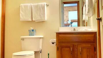 Une salle de bain comprenant des toilettes, un meuble en bois, un miroir avec éclairage intégré et un porte-serviettes.