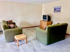 Ein Wohnzimmer mit zwei grünen Sesseln, einem kleinen Holztisch und einem Fernseher auf einem Holzschrank.