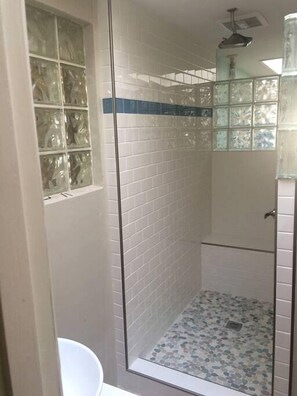 Hair dryer, towels, soap, shampoo