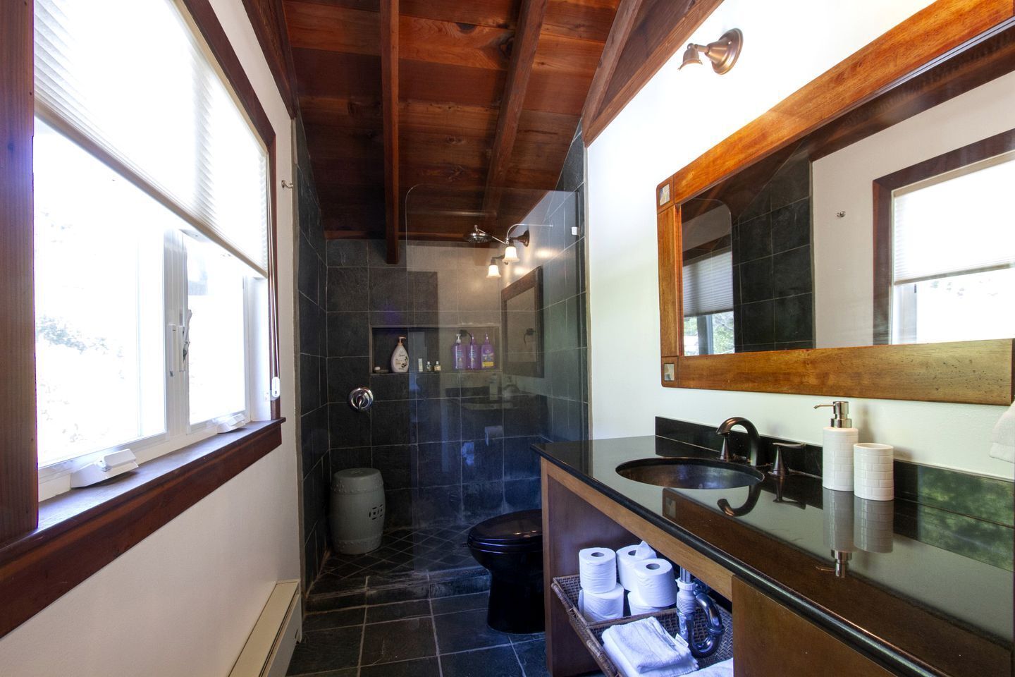 Hair dryer, towels, soap, shampoo