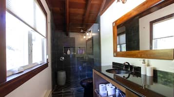 Hair dryer, towels, soap, shampoo