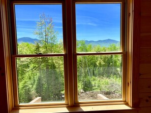 Une fenêtre donnant sur une forêt et des montagnes.