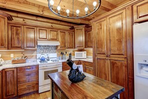 Fridge, microwave, oven, stovetop - Expansive Log Cabin Rental in Foothills of Blue Ridge Mountains, North Carolina (Black Mountain)