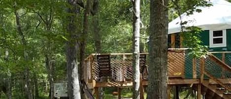 Un hamac tendu entre deux arbres, une terrasse en bois et une maison avec un toit végétalisé.