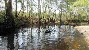 Une rivière où l’on peut faire du kayak et où des gens pagayent.