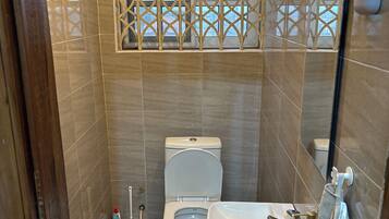 Regadera, secadora de cabello, toallas, jabón