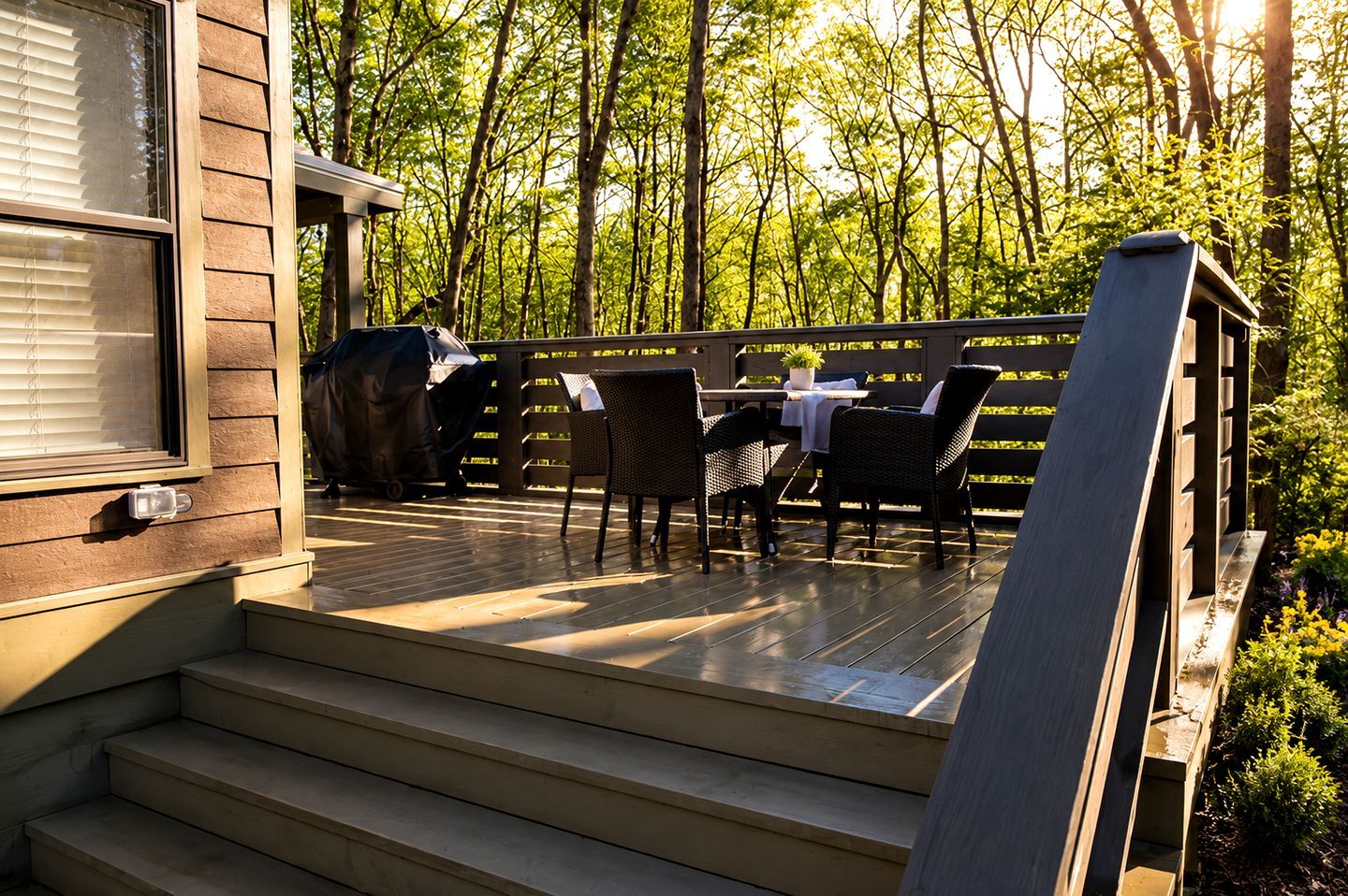 Une terrasse en bois avec des meubles d’extérieur, un barbecue et une vue sur une forêt.