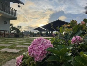 A garden with pink hydrangea flowers, a building with a balcony, and a cloudy sky. - Chácara da Sorte (Pacoti)
