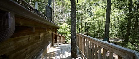 A wooden deck with a railing, surrounded by trees.
