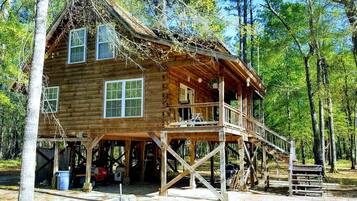 A wooden cabin with a porch, large windows, and a covered area with a ladder.