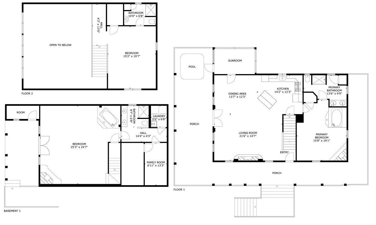 A floor plan with a bedroom, bathroom, and open space on the first floor, and a living room, dining area, kitchen, and bathroom on the second floor.