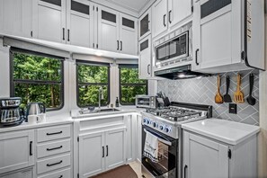 Fridge, microwave, stovetop, coffee/tea maker