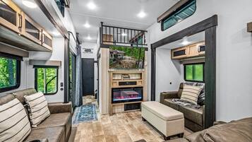 Televisión, chimenea, reproductor de DVD y estéreo