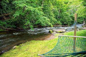 A hammock overlooking a flowing river in a forested area. - Stunning Yurt with Magnificent Creek Views in Topton, North Carolina (Topton)