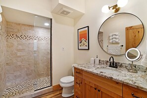 Jetted tub, hair dryer, towels, soap