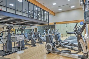 A gym with various exercise equipment, a fan, and a TV screen. - 4 Mi to Dtwn: Pagosa Springs Gem w/ Mtn Views! (Pagosa Springs)