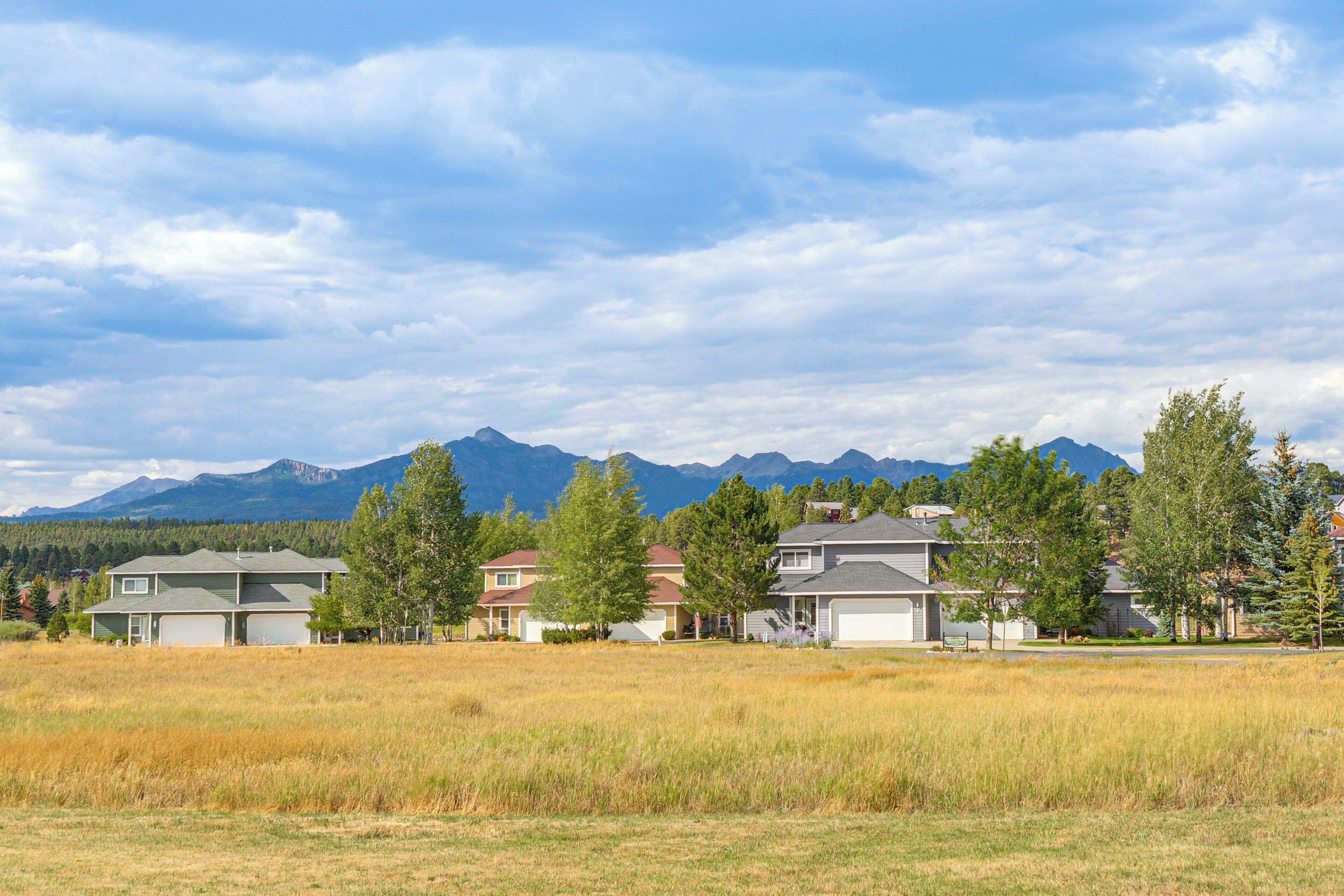 A residential area with houses, a grassy field, and mountains in the background.