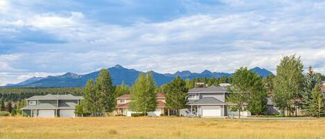 A residential area with houses, a grassy field, and mountains in the background.