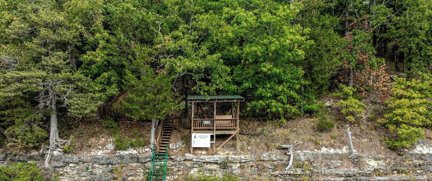 A wooden cabin with a staircase leading up to a platform, surrounded by dense forest.