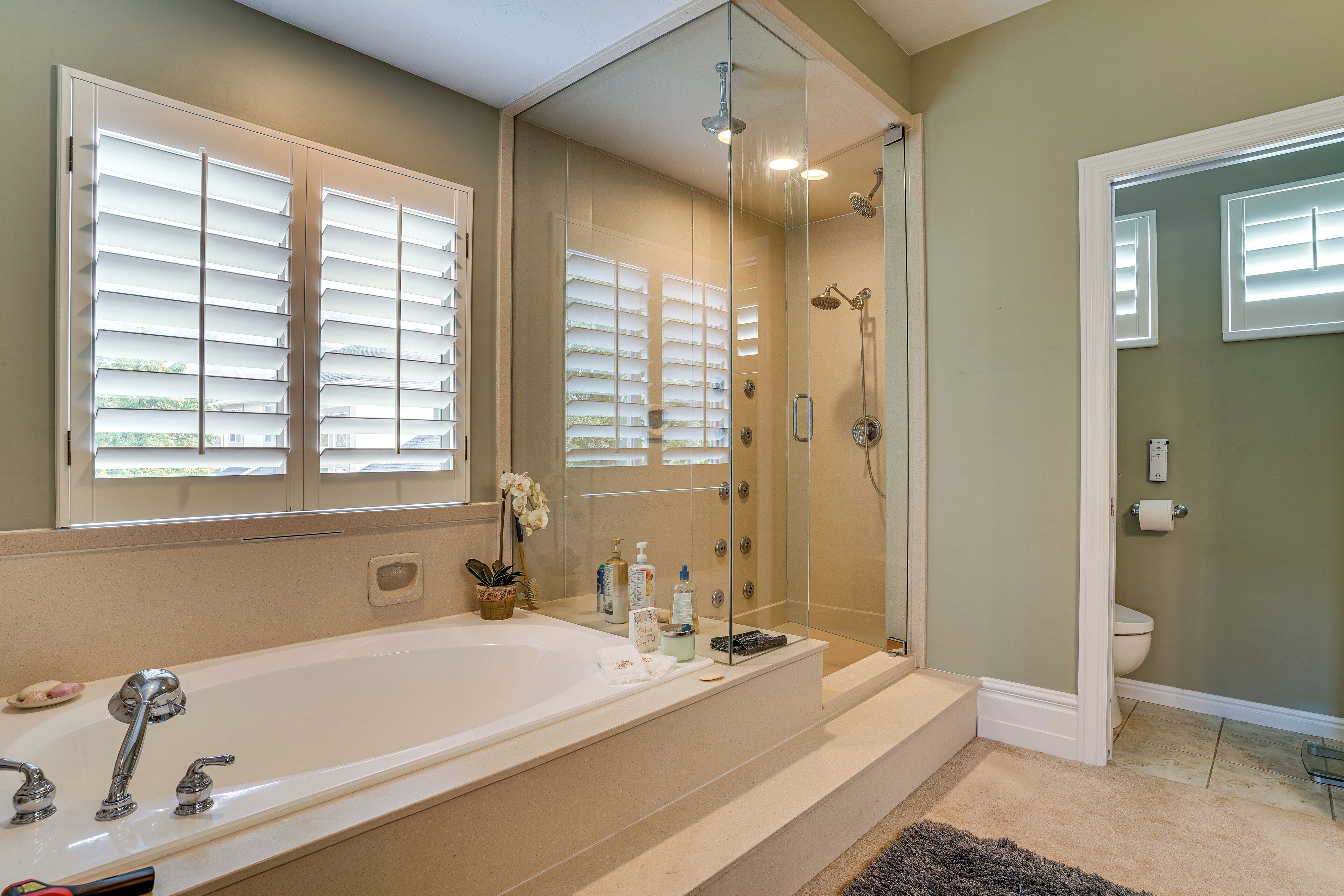 A bathroom with a large bathtub, a glass-enclosed shower, and a toilet.