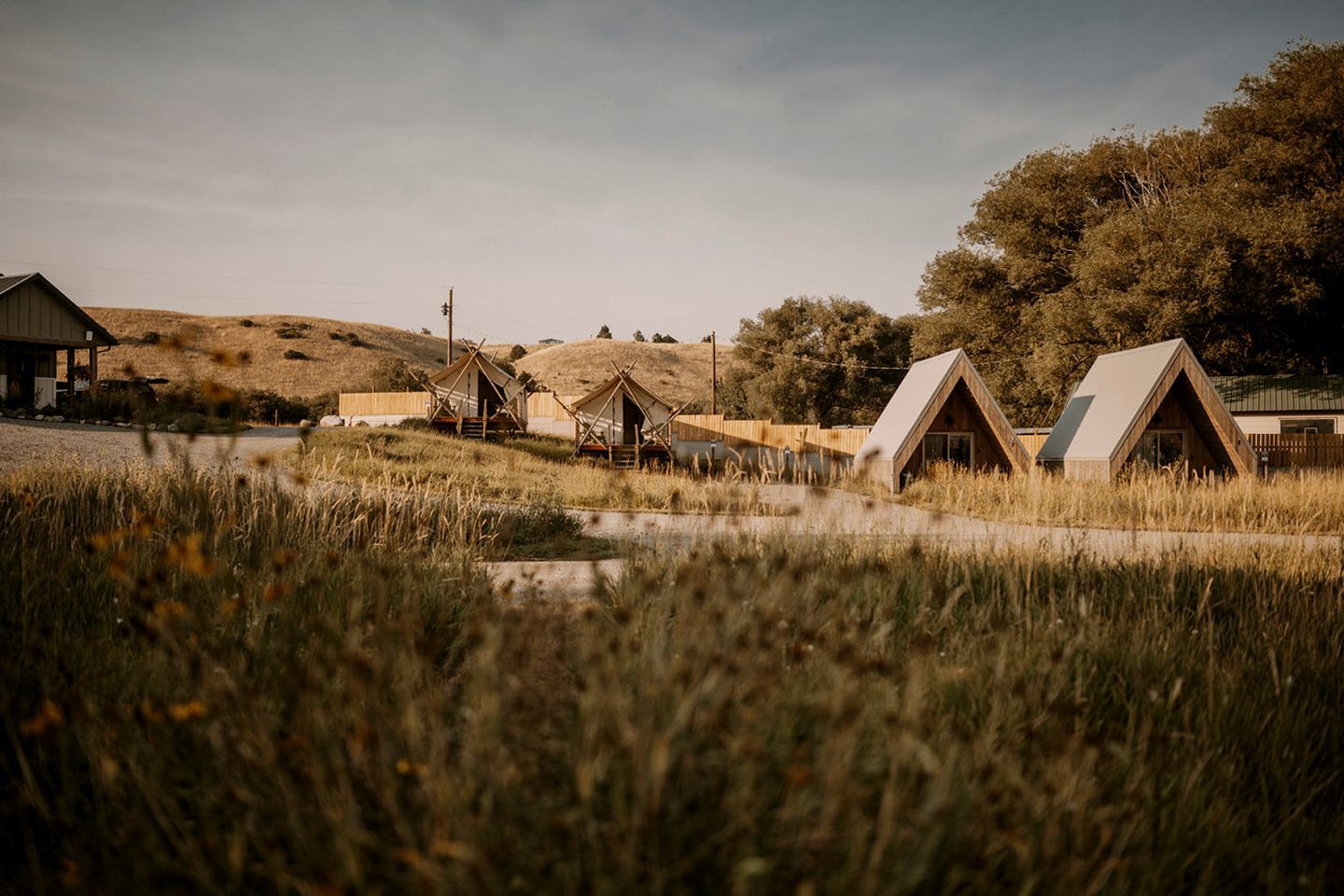 A rural setting with several wooden cabins, a dirt path, and a grassy field.